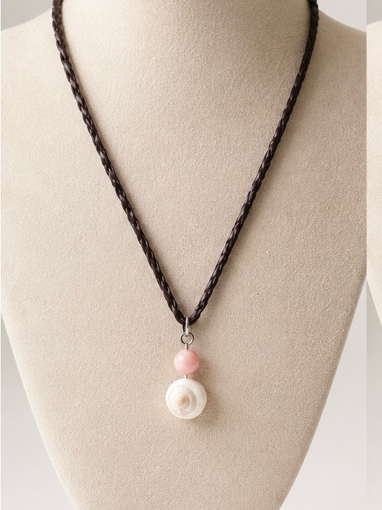 None Jewelry - Pink Shell Pendant Necklace on Brown Braided Cord by